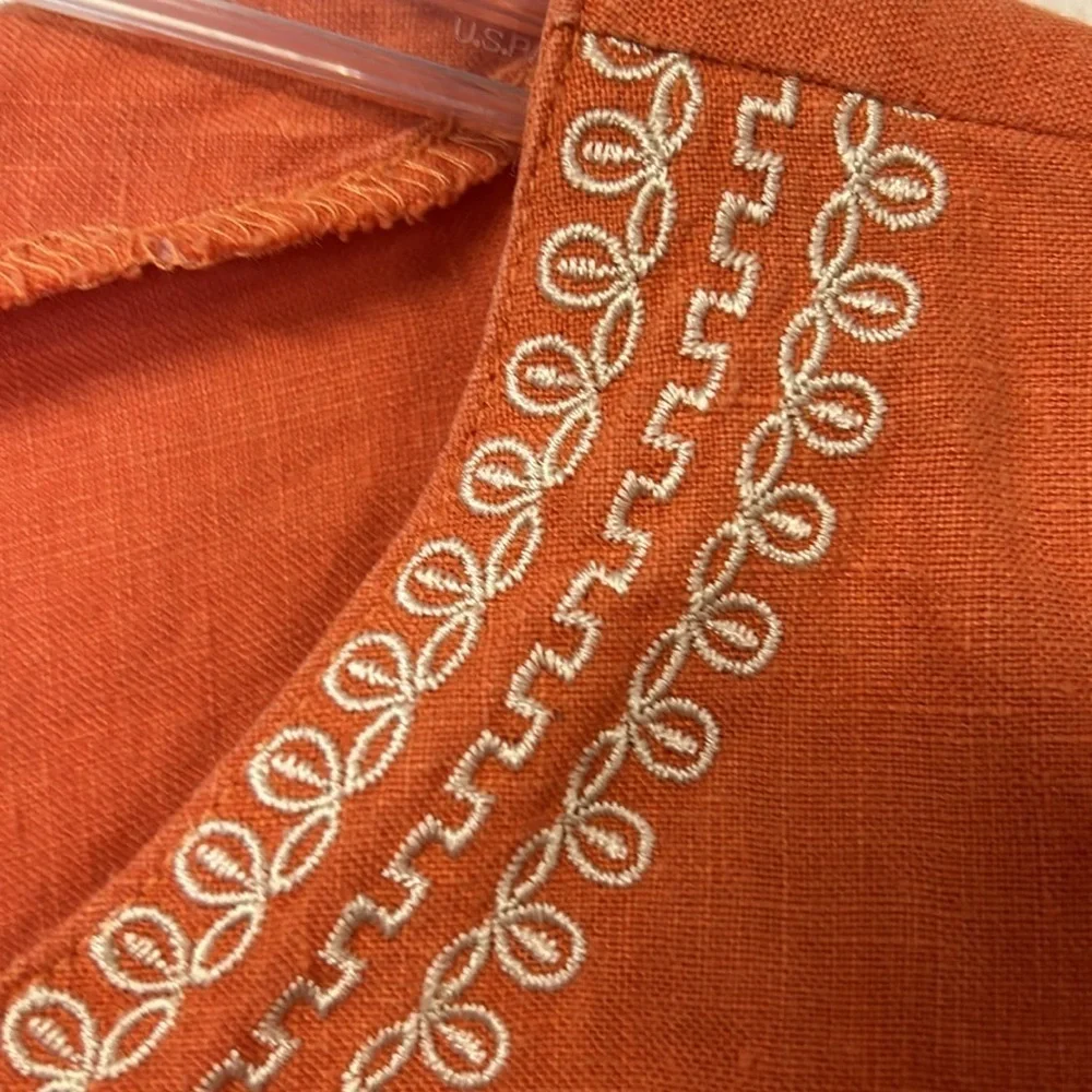 ISHYU Women’s 100% Linen Tunic Top Plus Size 1X Orange With Embroidered Trim